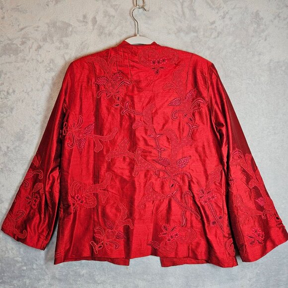 Chico's Womens m Silk Embroidered Red Jacket Coat Career Part Open Business - Picture 2 of 14